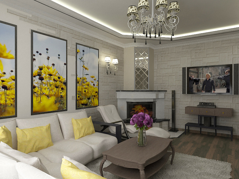 светло серый дизайн гостиной с яркими элементами